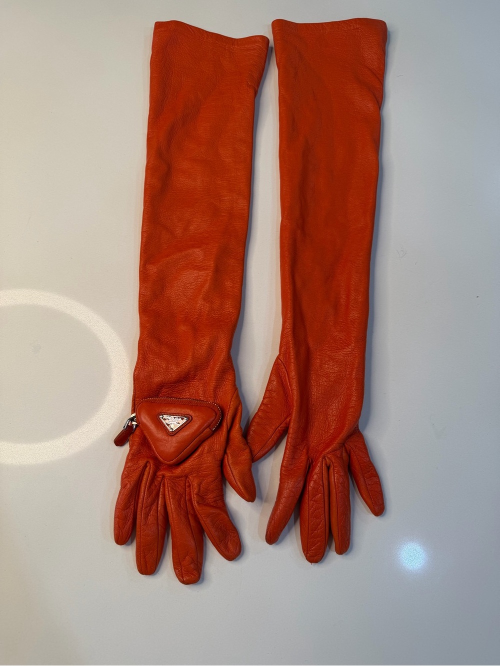 Prada Long Orange Leather Gloves with Triangle Logo Pouch